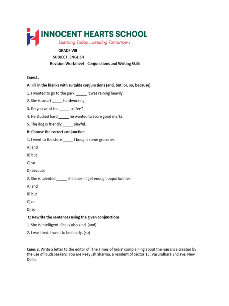 Grade Viii - Conjunctions and Writing Skill Worksheet | PDF