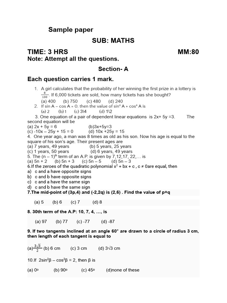 Sample Paper Grade 10th | PDF | Circle | Sphere