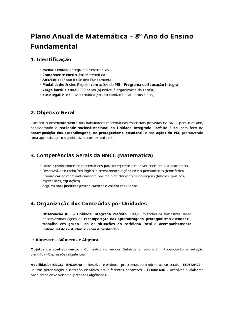 Plano Anual de Matemática - 8º Ano (BNCC) | PDF | Matemática | Geometria