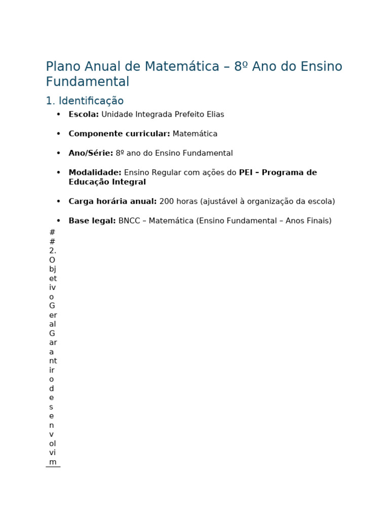 Plano Anual de Matemática - 8º Ano (BNCC) | PDF | Álgebra | Números