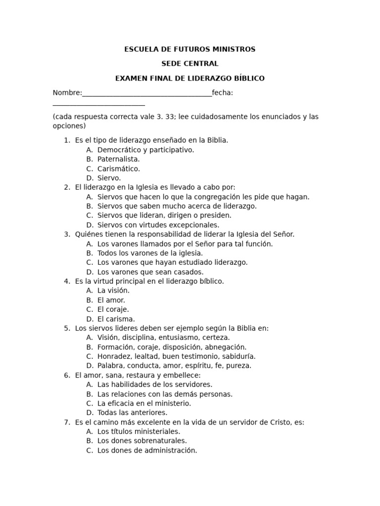 Examen Final LIDERAZGO BÍBLICO | PDF | Amor | Iglesia cristiana