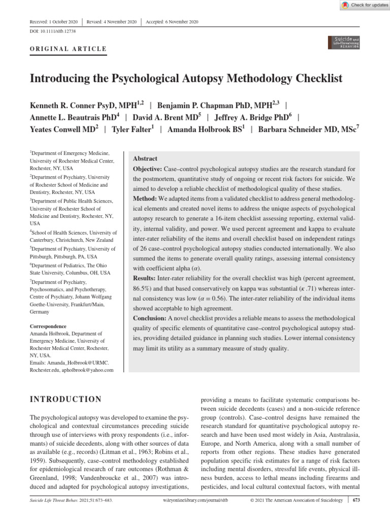 Conner Et Al. (2021) - Introducing The Psychological Autopsy ...