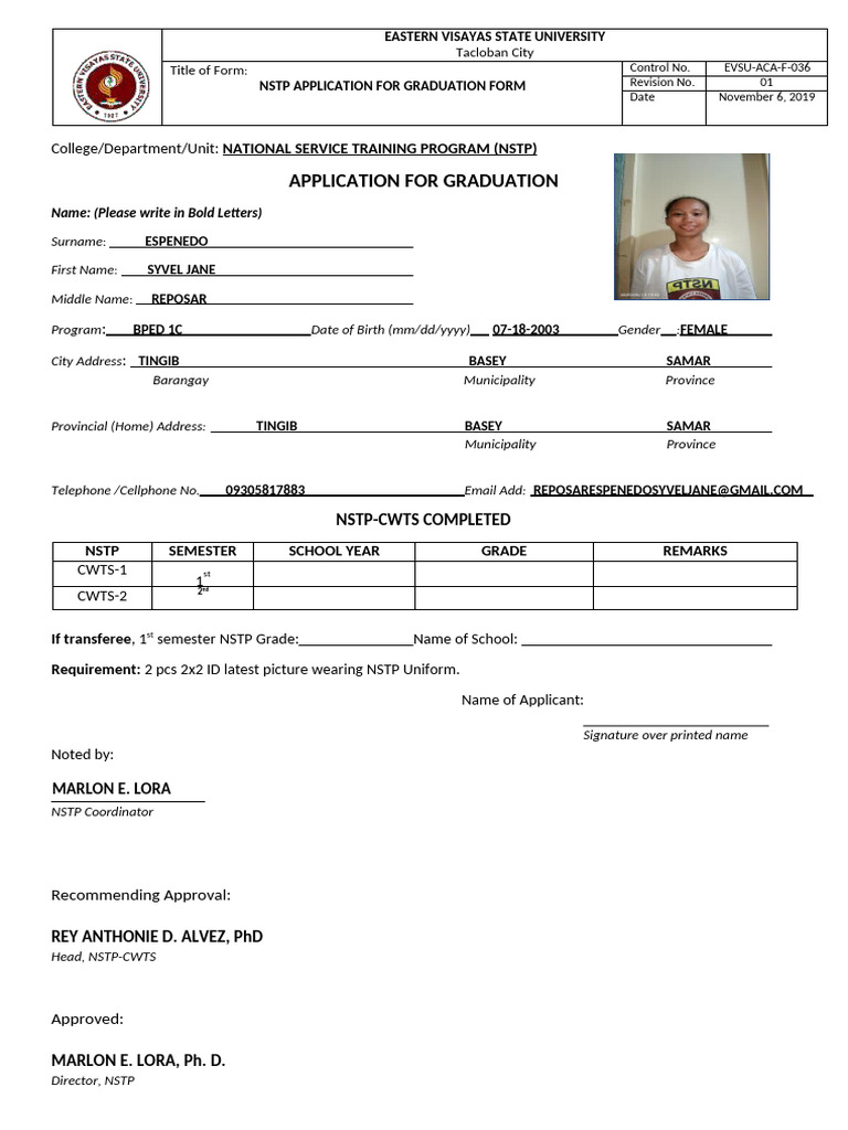 NSTP Grad Form 1 | PDF