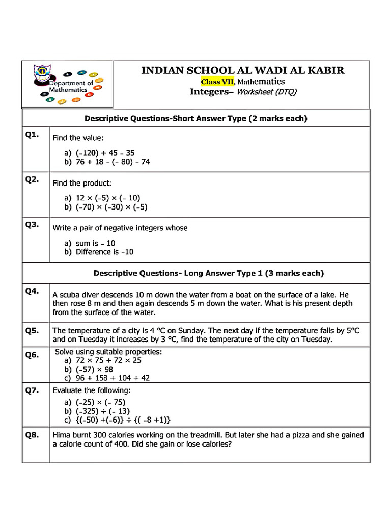Class 7 Integer | PDF