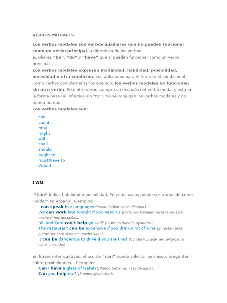 VERBOS MODALES Reglas | PDF | Verbo | Tipología Lingüística