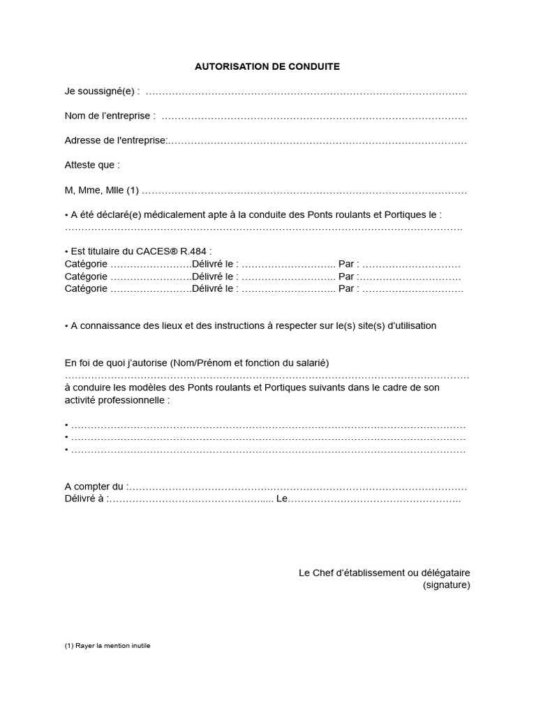 Modèle AUTORISATION DE CONDUITE Avec CACES r484 | PDF