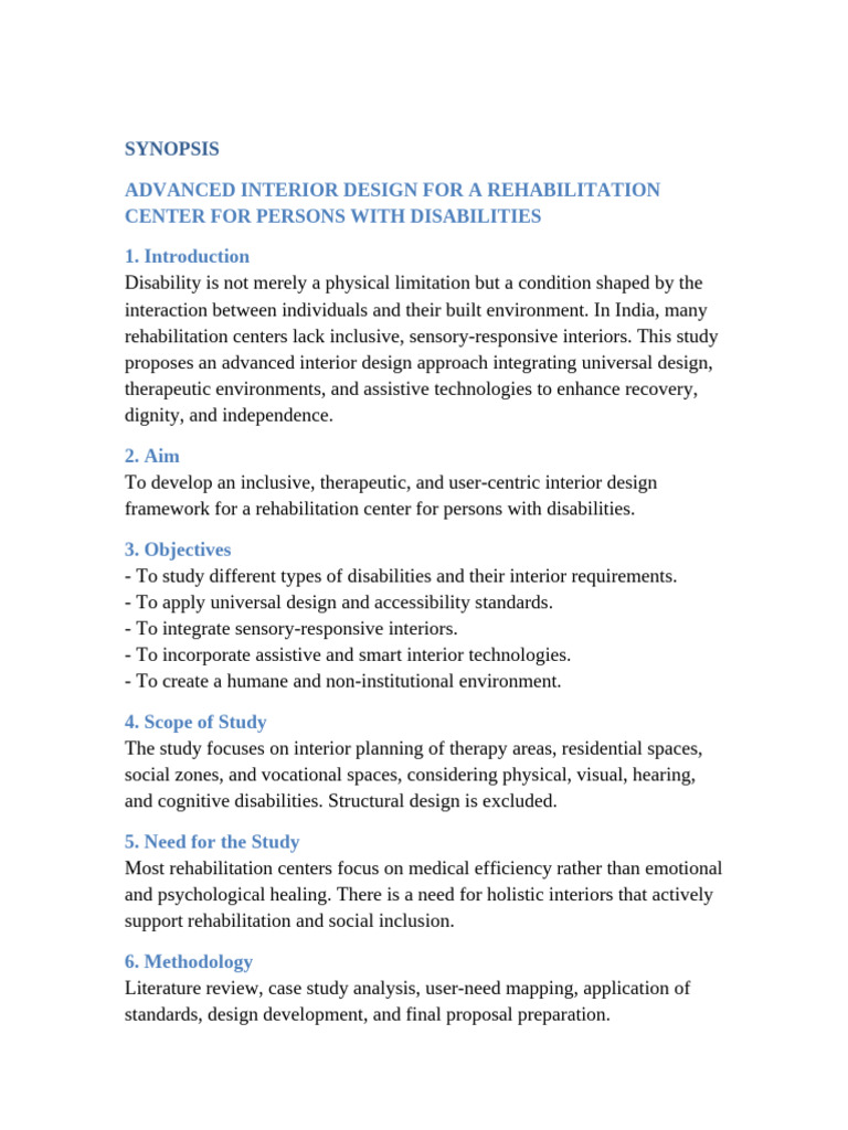 Rehabilitation Center Interior Design Synopsis | PDF