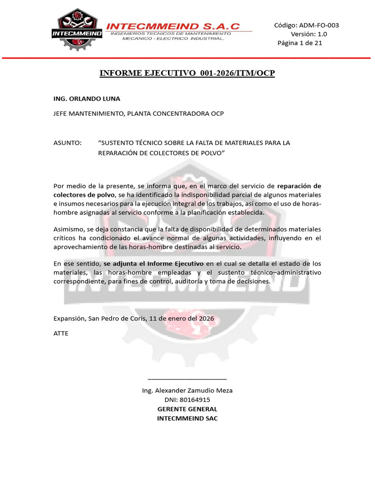 INFORME EJECUTIVO 001. - 2026 Colectores de Polvodocx | PDF ...