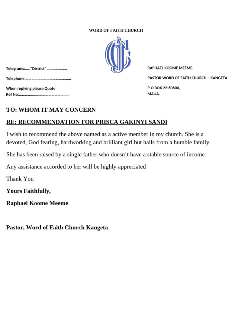 WORD of FAITH CHURCH Recommendation Letter | PDF