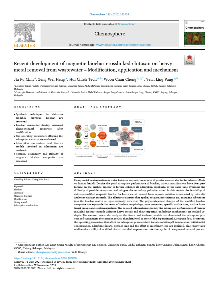 Recent Development of Magnetic Biochar Crosslinked Chitosan on Heavy ...