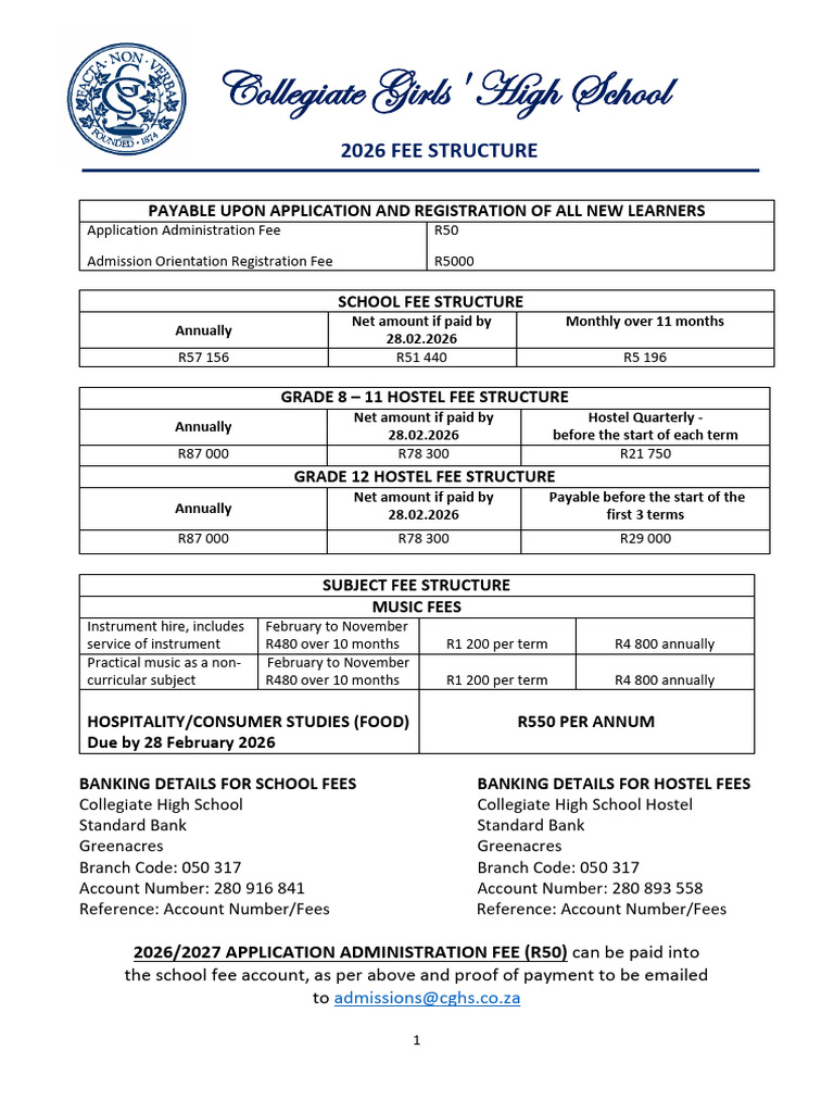 School Fee Structure 2026 With EFT Details | PDF | Cash | Payments