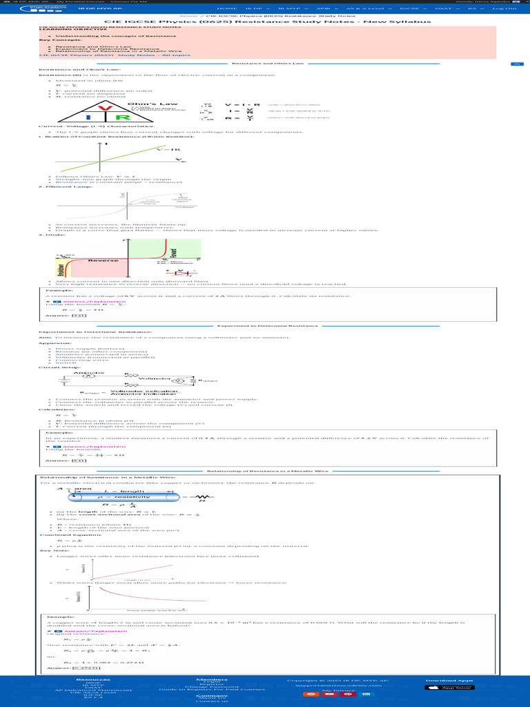 CIE IGCSE Physics (0625) Resistance Study Notes | PDF | Series And ...