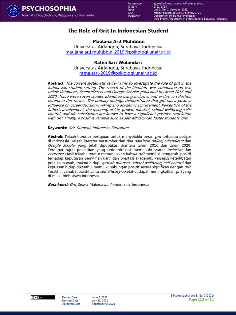 The Role of Grit in Indonesian Student 8e4e8a49 | PDF