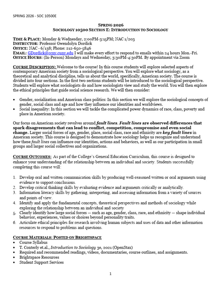 Spring 2026 - Sociology 10500e Course Syllabus | PDF | Sociology ...