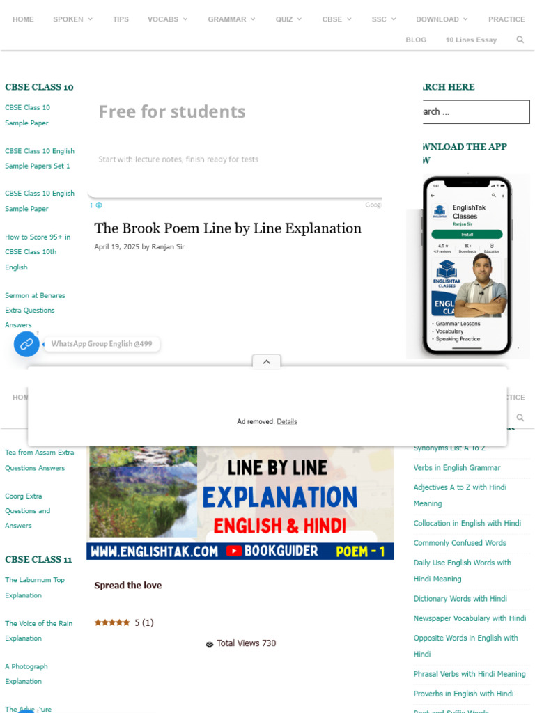 The Brook Poem Line by Line Explanation - Class 9 Reader Poem-1 | PDF ...