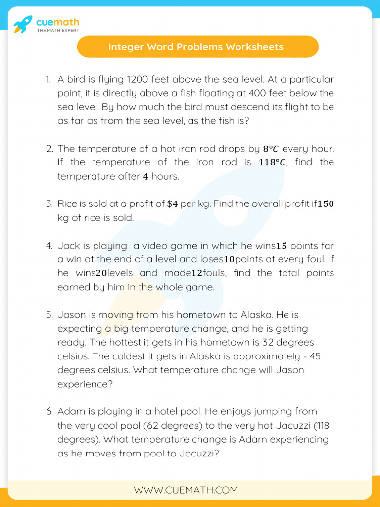 Integer Word Problems Worksheet 4 | PDF