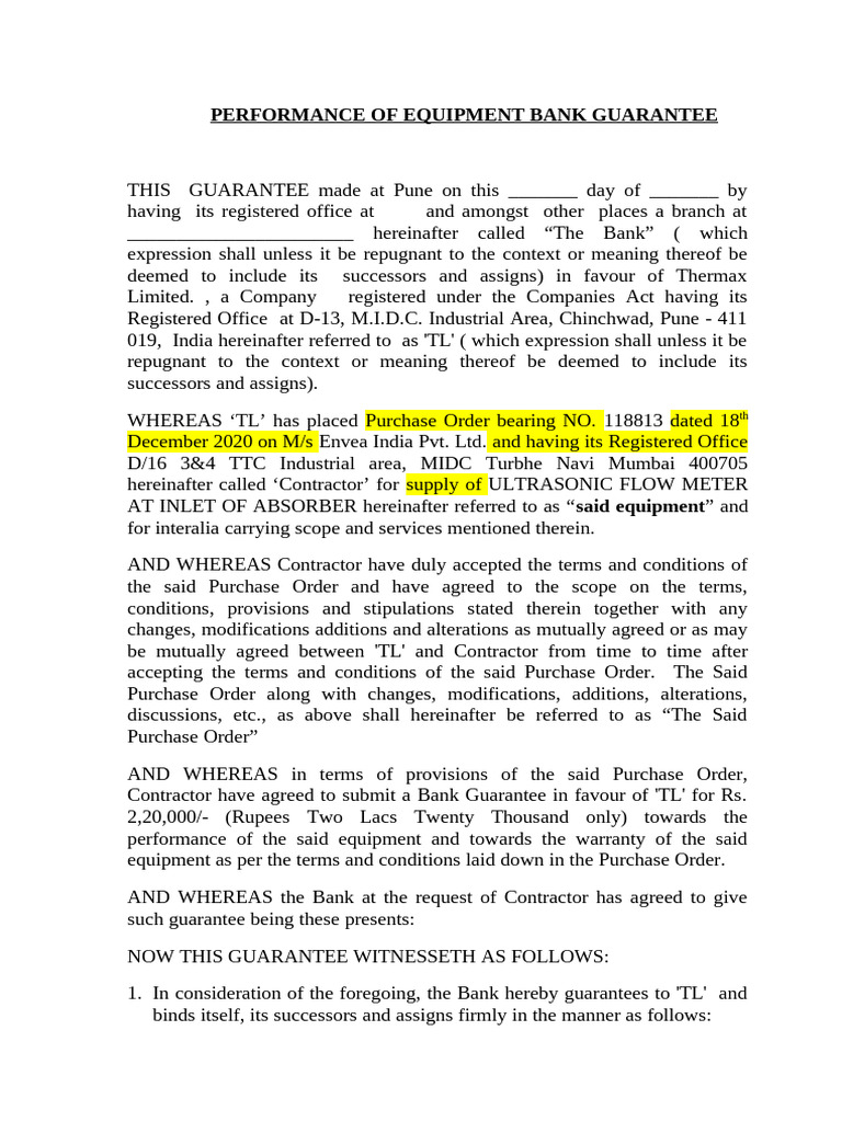 Standard of Performance BG To Be Received From Vendor 3 Jun 21 | PDF ...