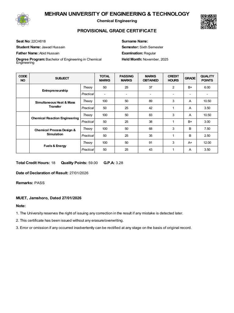 Marksheet 22CH018 Semester 131611 | PDF | Physical Sciences | Chemistry