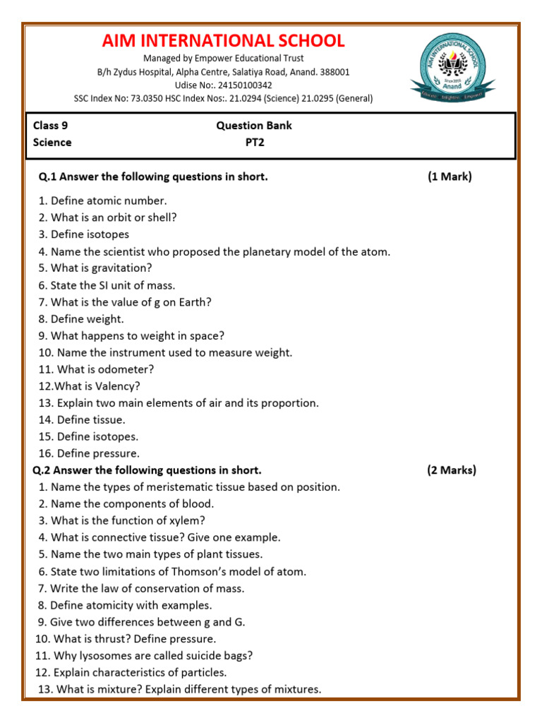 Class 9B Science PT2 Q, Bank | PDF | Mass | Tissue (Biology)