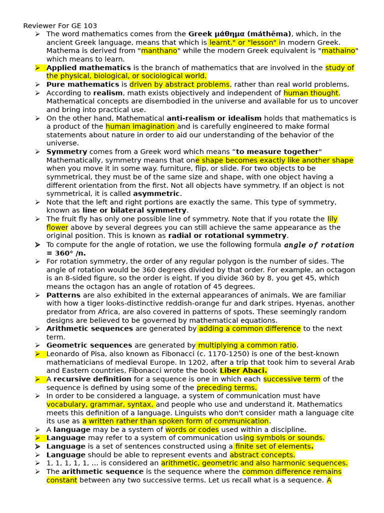 Midterm Reviewer For MMW | PDF | Mathematics | Symmetry