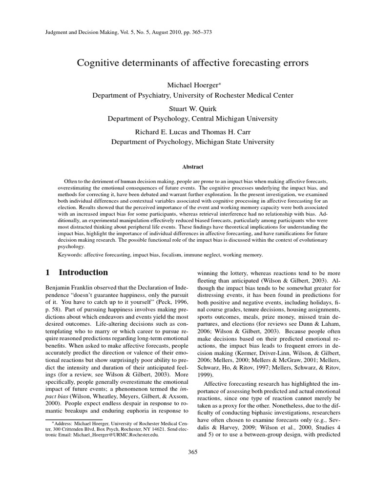 Cognitive Determinants of Affective Forecasting Errors | PDF | Affect ...