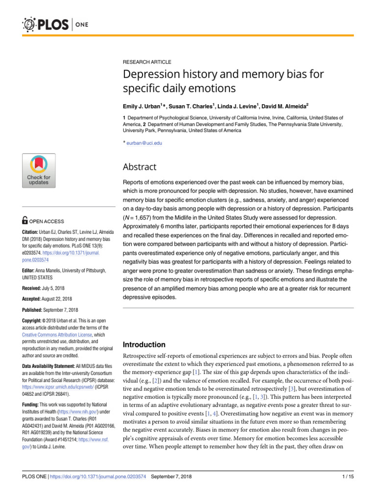 Depression History and Memory Bias For Specific Daily Emotions | PDF ...