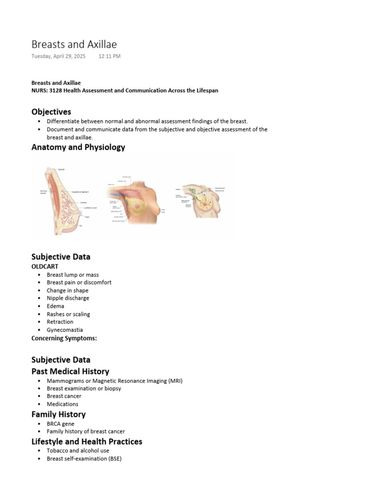 Breasts and Axillae Health Assessment | PDF | Breast Cancer | Nipple
