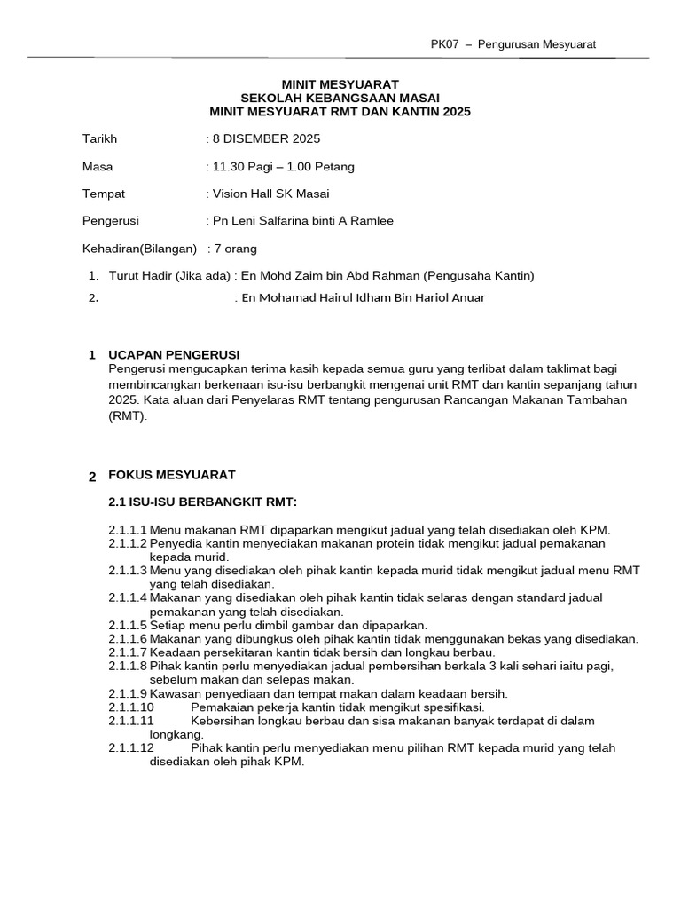 Minit Mesyuarat RMT Dan Kantin 2025 | PDF