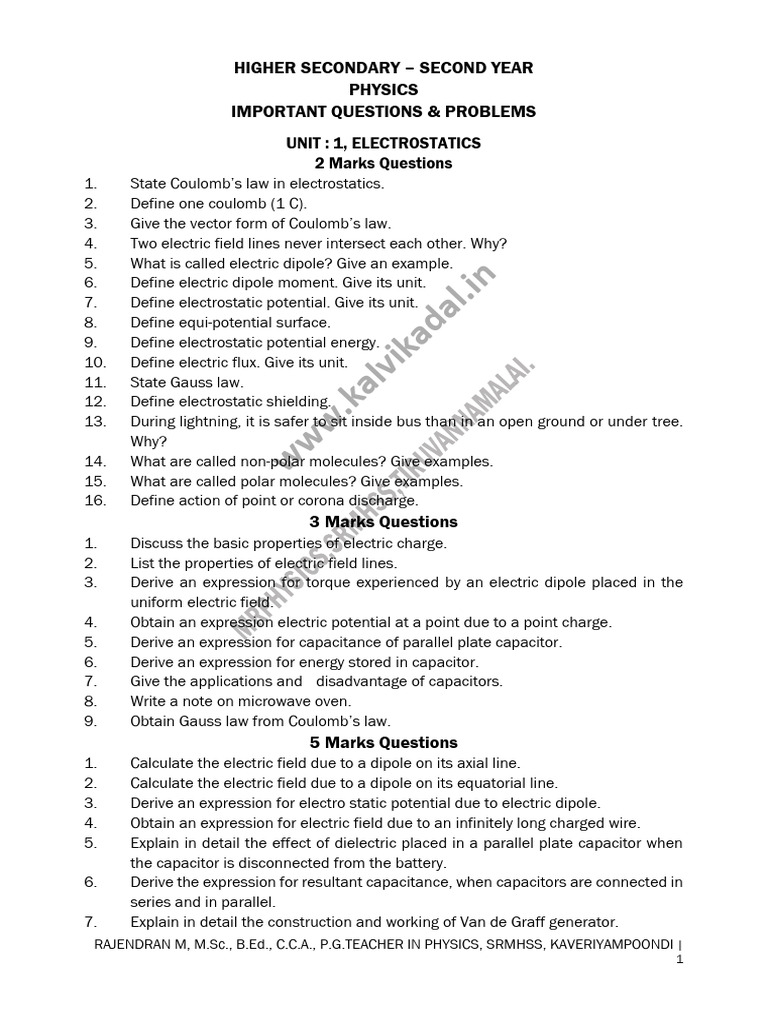 12 Std. Important Questions & Problems - 2022 - 2023 | PDF | Inductance ...