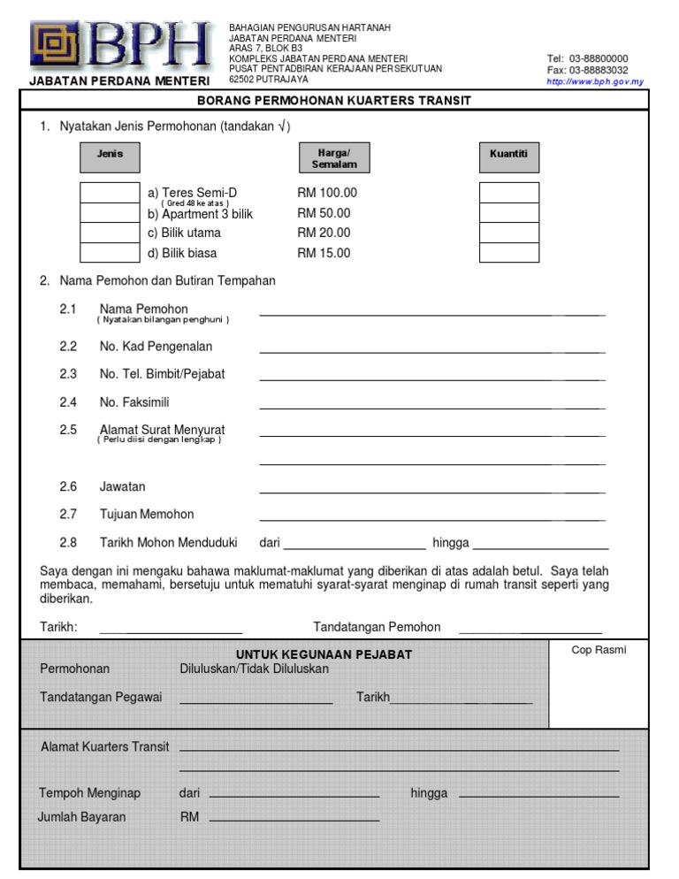 Borang Permohonan Kuarters Transit Putrajaya Pdf