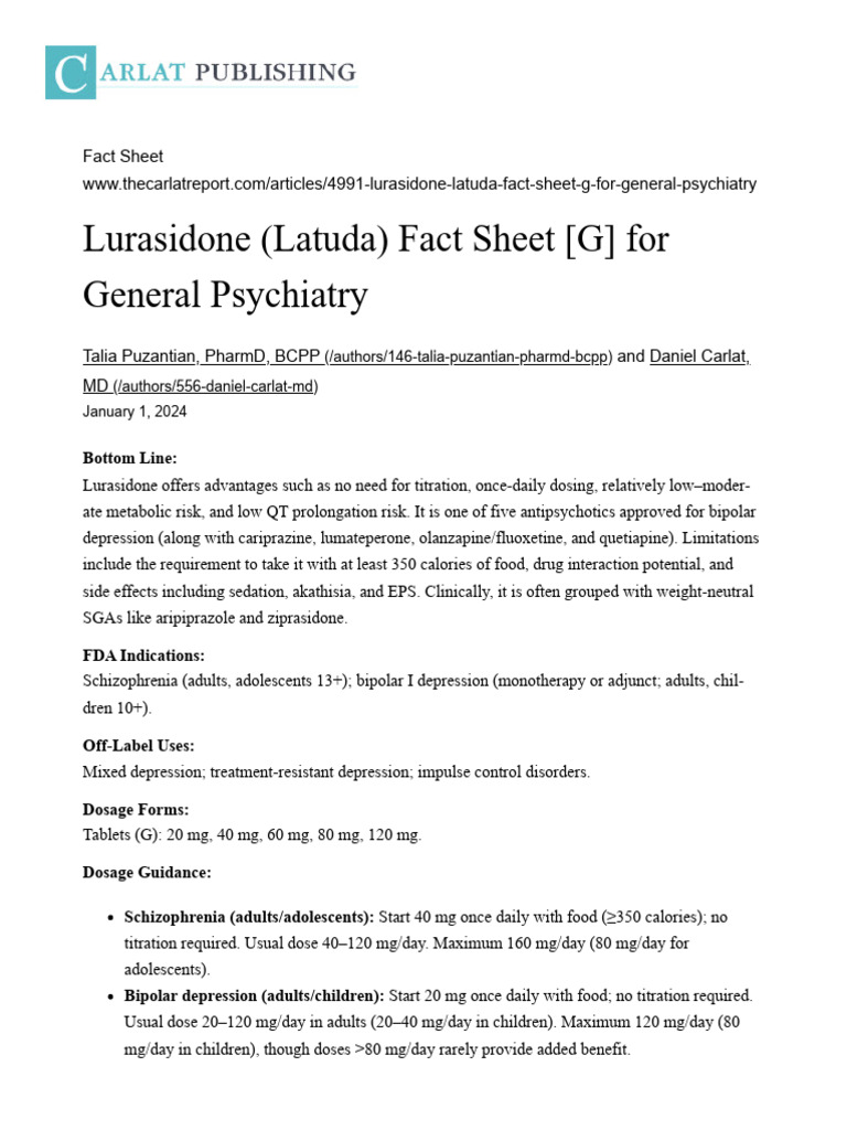 Lurasidone (Latuda) Fact Sheet (G) For General Psychiatry | PDF ...