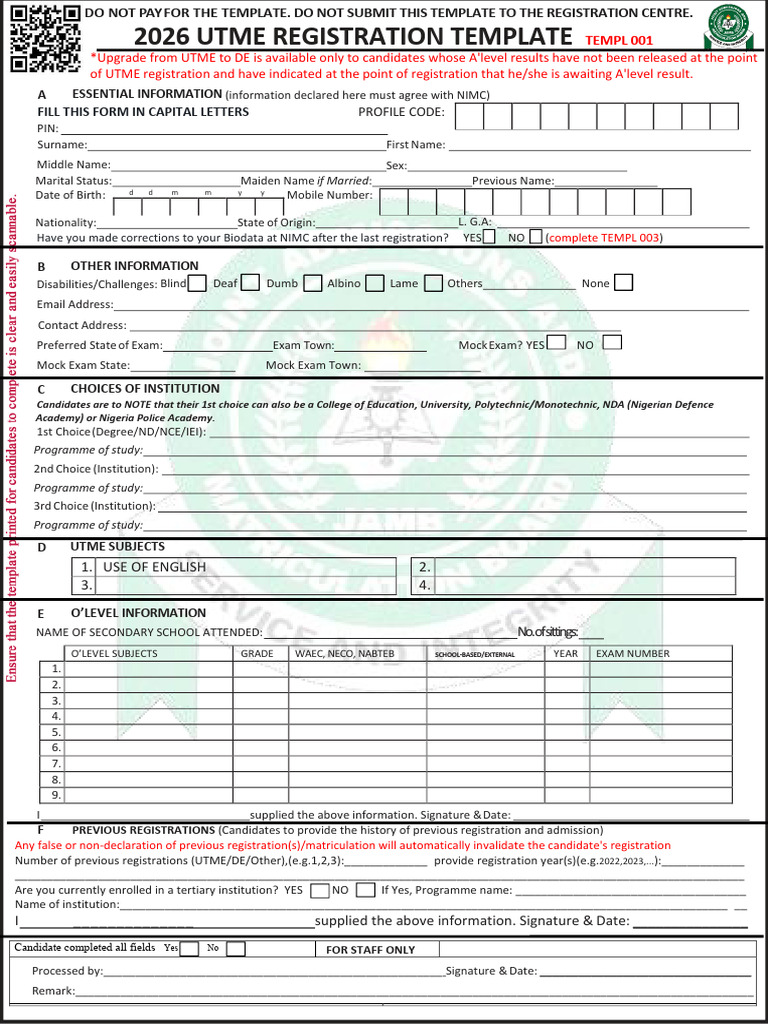 JAMB 2026 Template - CDR - UTMETemplate - 074109 | PDF