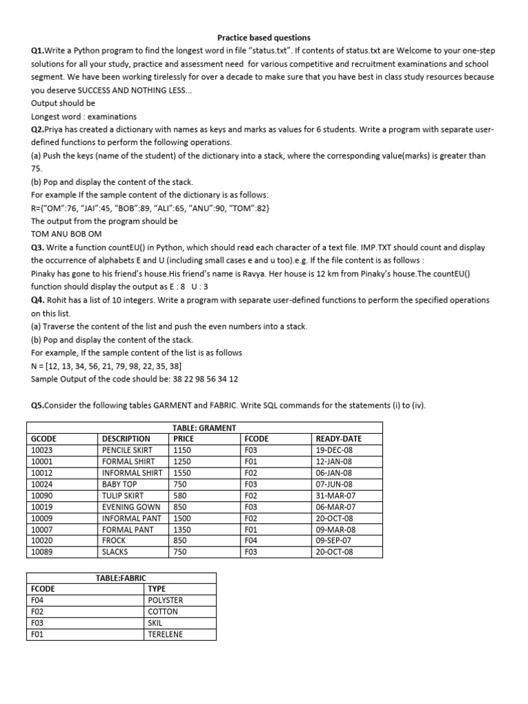 Practice Based Questions Class12 | PDF | Computer Programming | Computing