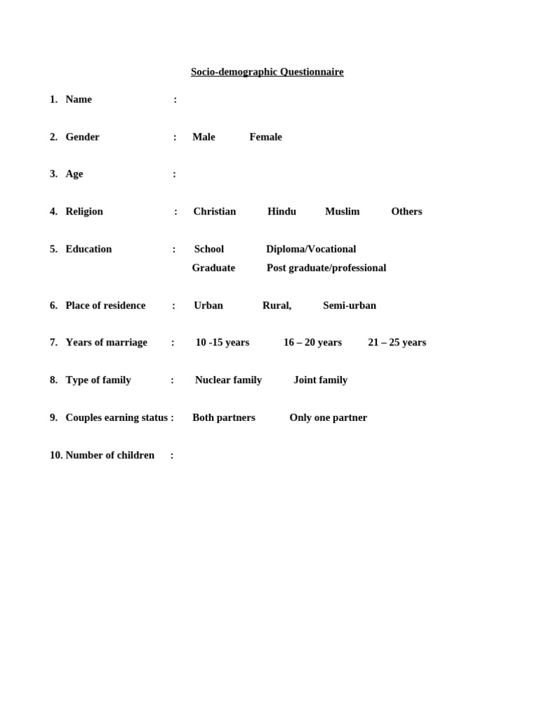 Socio Demographic Questionnaire | PDF | Questionnaire | Interpersonal ...