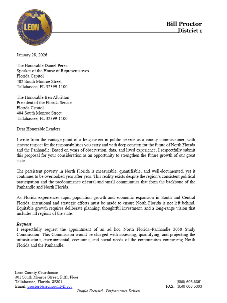 Bill Proctor Letter On North Florida 2050 Commission | PDF