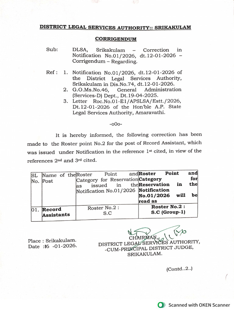 Correction in Notification No.01-2026 Dt. 12.01.2026 Corrigendum | PDF