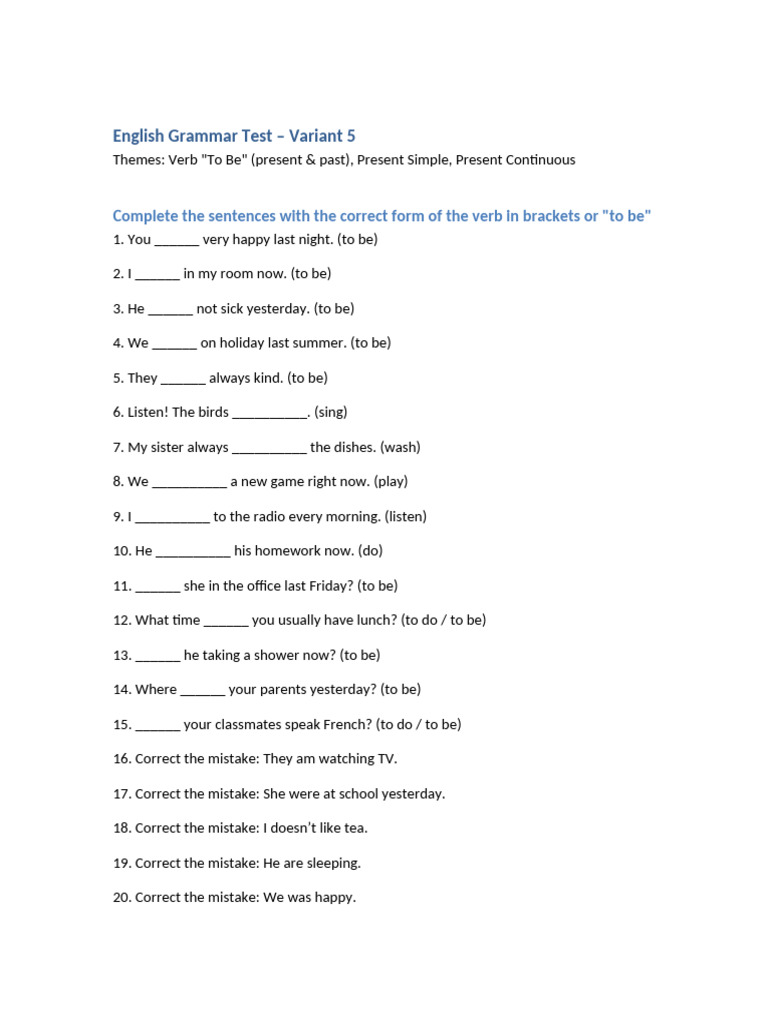 English Grammar Test Variant 5 | PDF