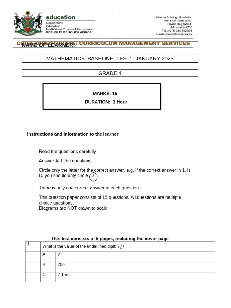 Archgrade 4 Term 1 2026 Mathematics Baseline Test | PDF