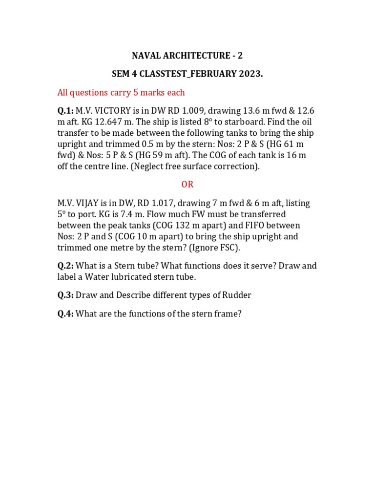NavArch 2 Sem 4 Class Test Feb.2023 | PDF