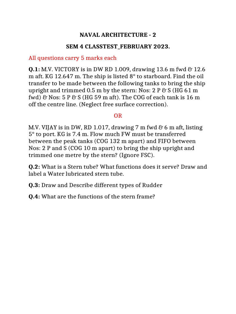 NavArch 2 SEM 4 Class Test Feb.2023 | PDF