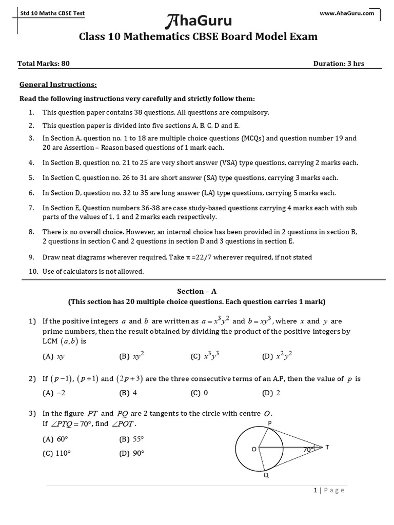 ModelExam Std10MathCBSE-Model Exam 2-QP-25Jan2026 | PDF | Area | Circle