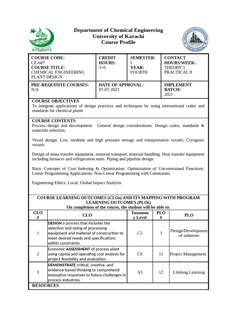 42. Course Profile - CE-607 - Chemical Engineering Plant Design ...
