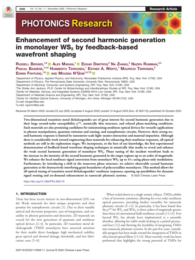 Enhancement of Second Harmonic Generation in Monolayer WS2 by Feedback ...