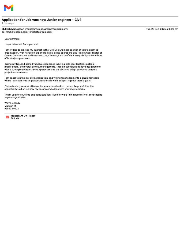 Gmail - Application for Job Vacancy_ Junior Engineer - Civil | PDF