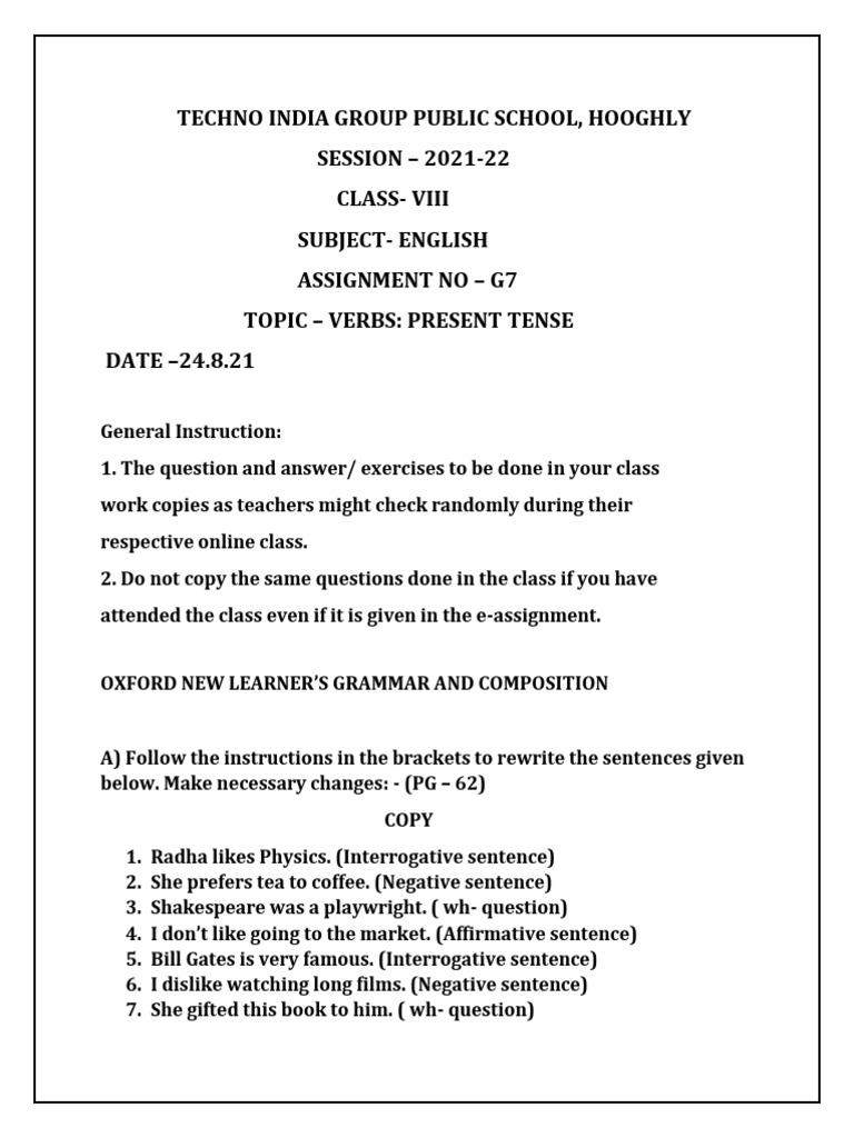 Copy of Viii_ g7_ Present Tense_assignment_24.8.21 | PDF | Question ...