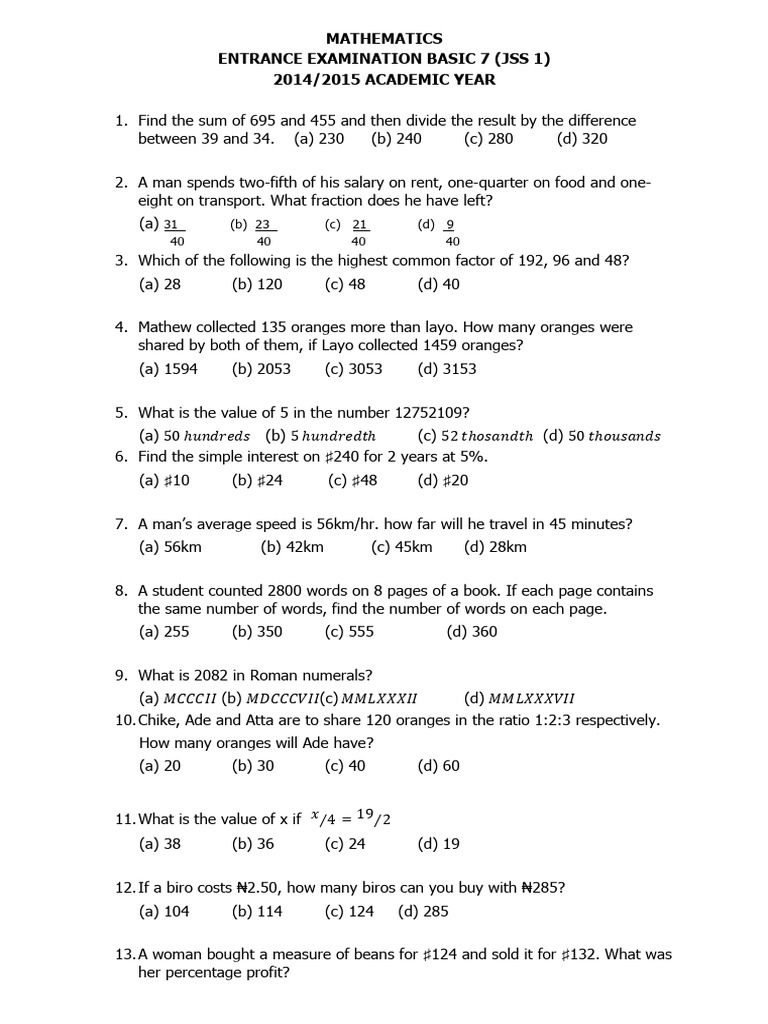 Entrance Exam Questions 2014-2015 | PDF | Mathematics