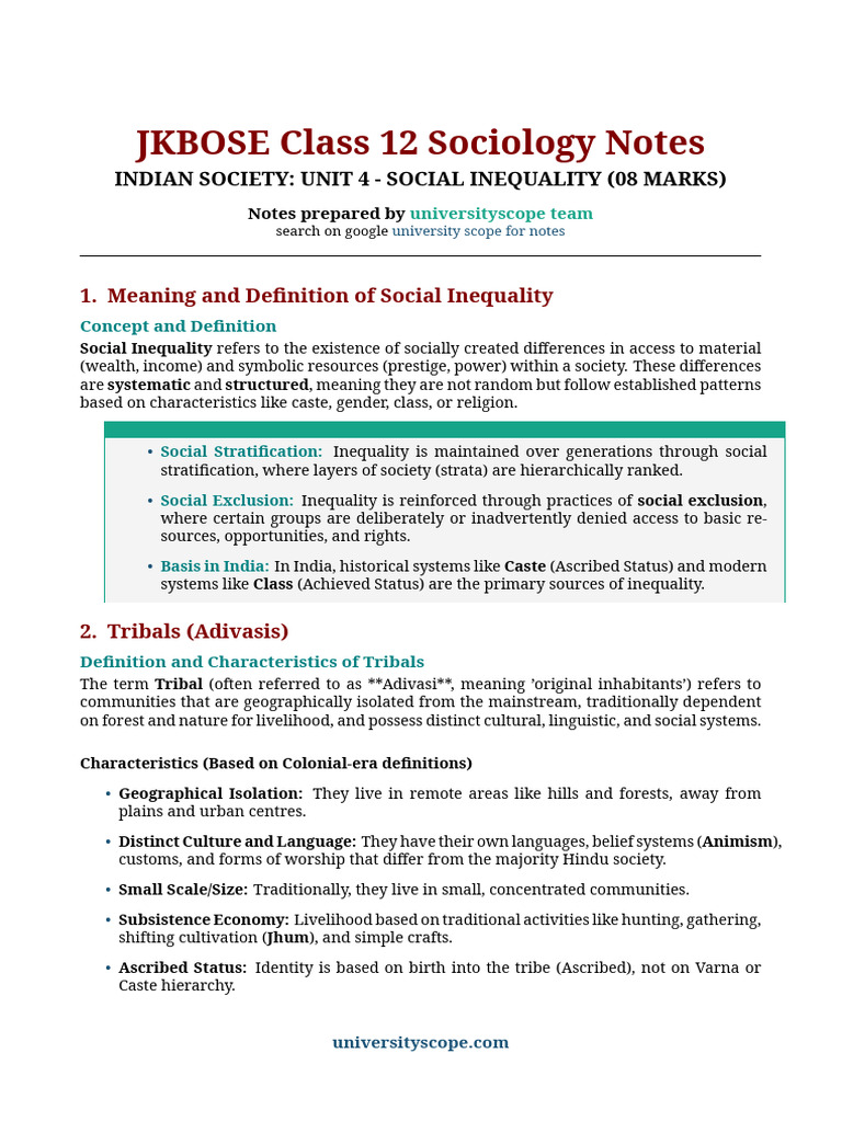JKBOSE Class 12 Sociology Notes - Unit 4 | PDF | Social Inequality ...