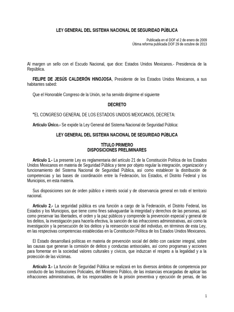 Ley General Del Sistema Nacional de Seguridad Pública | PDF | Policía ...