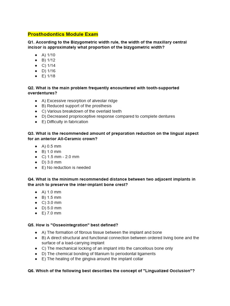 Prosthodontics Module Exam | PDF | Dental Implant | Dental Anatomy