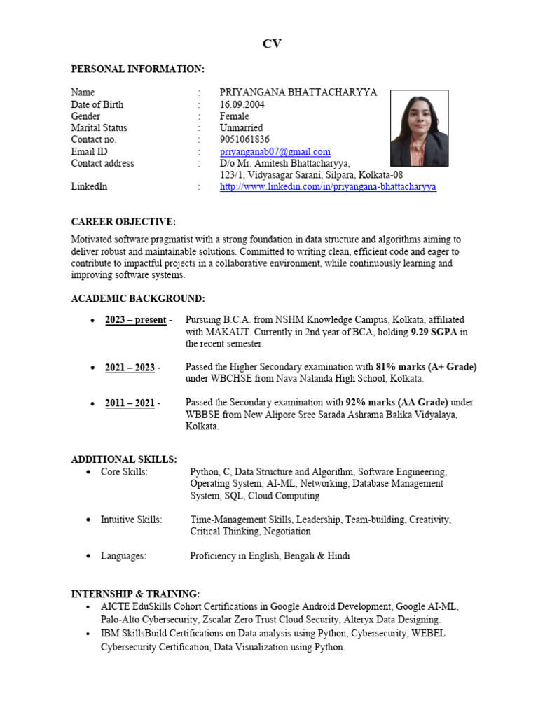Priyangana Bhattcharyya CV (Updated) | PDF | Information Technology ...